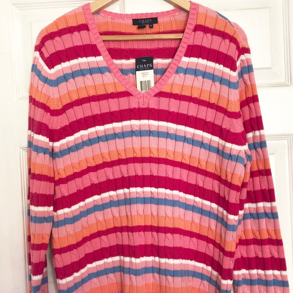 Chaps Pink Multi Striped Cableknit Vneck Sweater